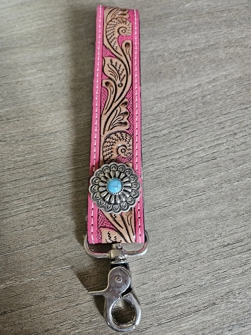 Pink Tooled Leather Key Fob with Turquoise Concho - NWOT